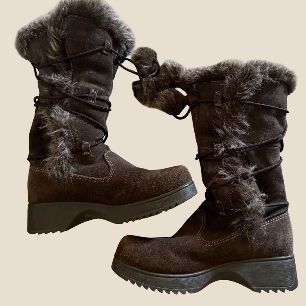 Report Olympic Brown Suede Faux Fur Pom Pom Winter Boots Womens 7 Platform Wedge